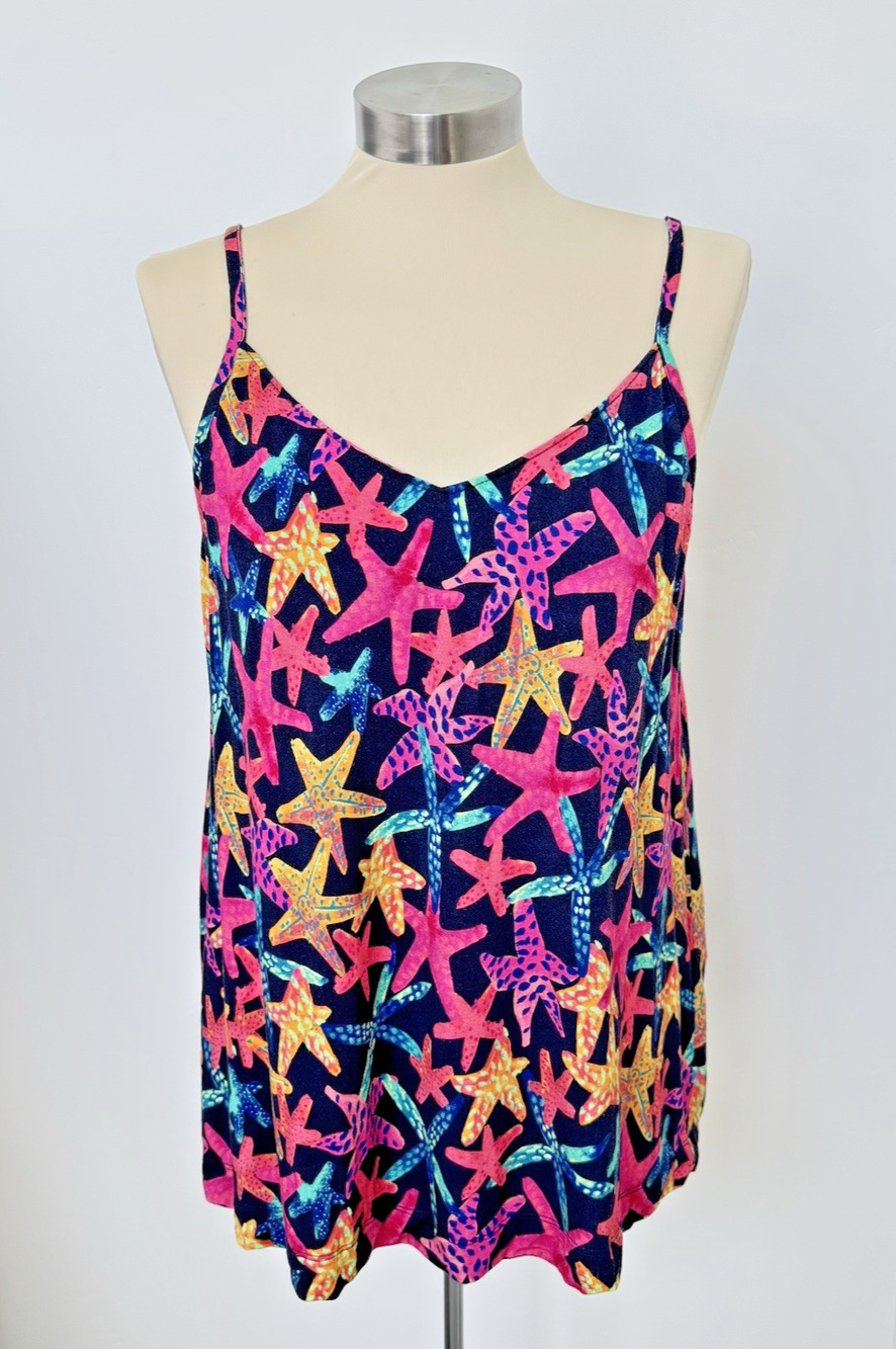 SOMA Cool Nights Sleep Cami Top Built In Shelf Bra Blue Pink Starfish Women's L
